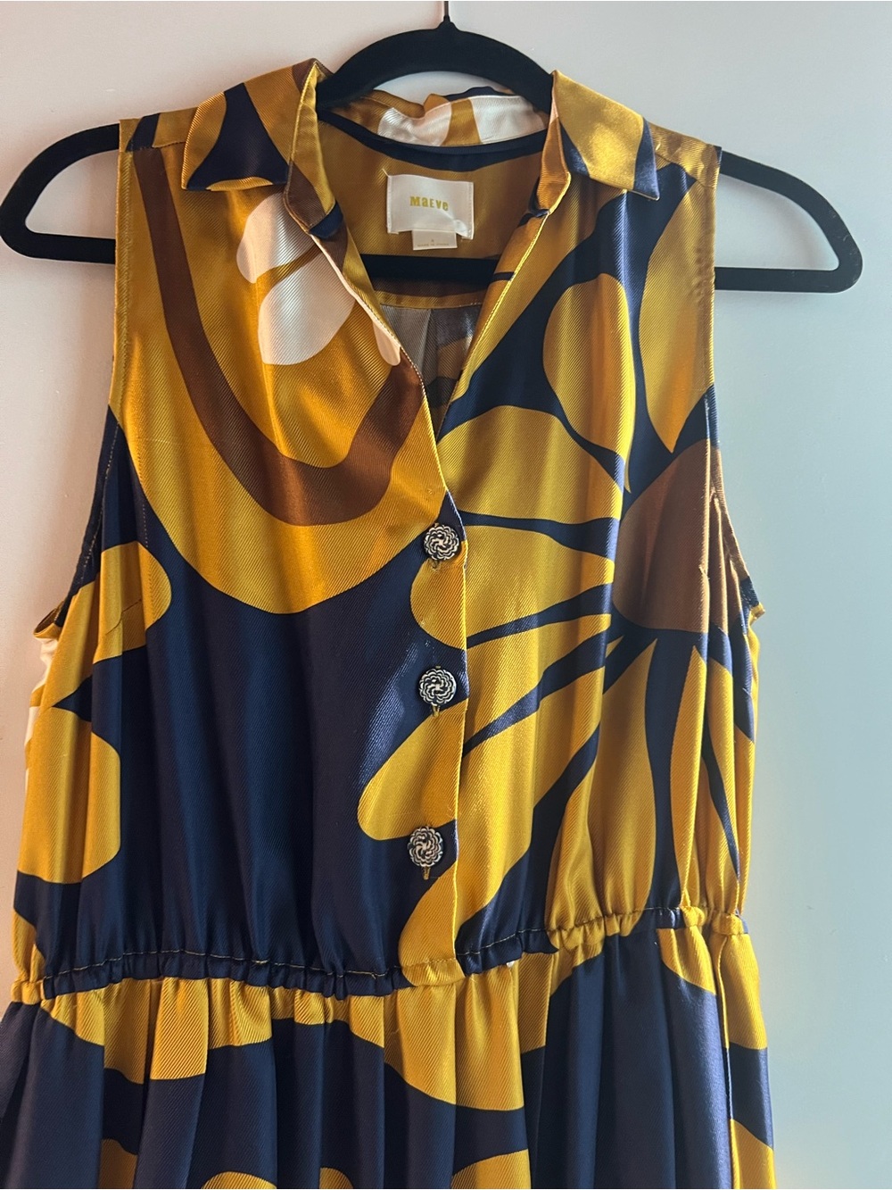 SALE!! Maeve Anthropology Navy and Mustard Floral Button Front Midi Dress Size 6 - Picture 3 of 10